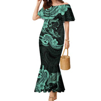 Hawaiian Manta Rays Family Matching Mermaid Dress and Hawaiian Shirt Tribal Hibiscus Polynesian Tattoos Turquoise Color - Polynesian Pride