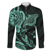 Hawaiian Manta Rays Family Matching Off The Shoulder Long Sleeve Dress and Hawaiian Shirt Tribal Hibiscus Polynesian Tattoos Turquoise Color - Polynesian Pride
