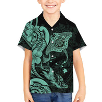 Hawaiian Manta Rays Family Matching Off The Shoulder Long Sleeve Dress and Hawaiian Shirt Tribal Hibiscus Polynesian Tattoos Turquoise Color - Polynesian Pride