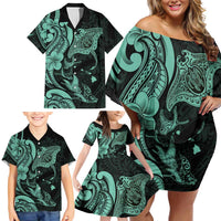 Hawaiian Manta Rays Family Matching Off Shoulder Short Dress and Hawaiian Shirt Tribal Hibiscus Polynesian Tattoos Turquoise Color - Polynesian Pride