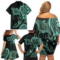 Hawaiian Manta Rays Family Matching Off Shoulder Short Dress and Hawaiian Shirt Tribal Hibiscus Polynesian Tattoos Turquoise Color - Polynesian Pride