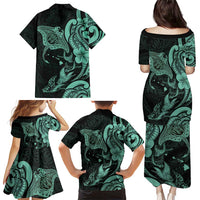 Hawaiian Manta Rays Family Matching Puletasi and Hawaiian Shirt Tribal Hibiscus Polynesian Tattoos Turquoise Color - Polynesian Pride