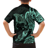 Hawaiian Manta Rays Family Matching Short Sleeve Bodycon Dress and Hawaiian Shirt Tribal Hibiscus Polynesian Tattoos Turquoise Color - Polynesian Pride