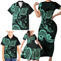 Hawaiian Manta Rays Family Matching Short Sleeve Bodycon Dress and Hawaiian Shirt Tribal Hibiscus Polynesian Tattoos Turquoise Color - Polynesian Pride