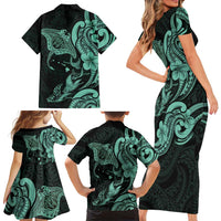 Hawaiian Manta Rays Family Matching Short Sleeve Bodycon Dress and Hawaiian Shirt Tribal Hibiscus Polynesian Tattoos Turquoise Color - Polynesian Pride
