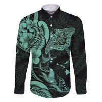 Hawaiian Manta Rays Family Matching Short Sleeve Bodycon Dress and Hawaiian Shirt Tribal Hibiscus Polynesian Tattoos Turquoise Color - Polynesian Pride