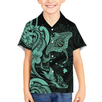 Hawaiian Manta Rays Family Matching Tank Maxi Dress and Hawaiian Shirt Tribal Hibiscus Polynesian Tattoos Turquoise Color - Polynesian Pride