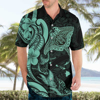 Hawaiian Manta Rays Hawaiian Shirt Tribal Hibiscus Polynesian Tattoos Turquoise Color - Polynesian Pride