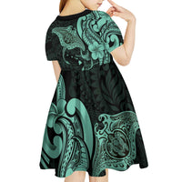Hawaiian Manta Rays Kid Short Sleeve Dress Tribal Hibiscus Polynesian Tattoos Turquoise Color LT03 - Polynesian Pride