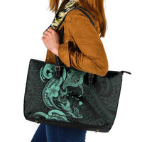 Hawaiian Manta Rays Leather Tote Bag Tribal Hibiscus Polynesian Tattoos Turquoise Color - Polynesian Pride