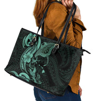Hawaiian Manta Rays Leather Tote Bag Tribal Hibiscus Polynesian Tattoos Turquoise Color - Polynesian Pride