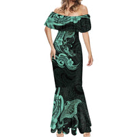 Hawaiian Manta Rays Mermaid Dress Tribal Hibiscus Polynesian Tattoos Turquoise Color - Polynesian Pride