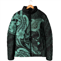 Hawaiian Manta Rays Padded Jacket Tribal Hibiscus Polynesian Tattoos Turquoise Color - Polynesian Pride