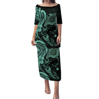 Hawaiian Manta Rays Puletasi Tribal Hibiscus Polynesian Tattoos Turquoise Color LT03 Long Dress Turquoise - Polynesian Pride