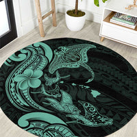 Hawaiian Manta Rays Round Carpet Tribal Hibiscus Polynesian Tattoos Turquoise Color - Polynesian Pride