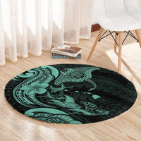 Hawaiian Manta Rays Round Carpet Tribal Hibiscus Polynesian Tattoos Turquoise Color - Polynesian Pride