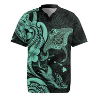 Hawaiian Manta Rays Rugby Jersey Tribal Hibiscus Polynesian Tattoos Turquoise Color - Polynesian Pride