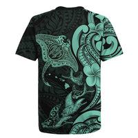 Hawaiian Manta Rays Rugby Jersey Tribal Hibiscus Polynesian Tattoos Turquoise Color LT03 - Polynesian Pride
