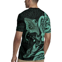 Hawaiian Manta Rays Rugby Jersey Tribal Hibiscus Polynesian Tattoos Turquoise Color LT03 - Polynesian Pride
