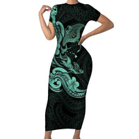 Hawaiian Manta Rays Short Sleeve Bodycon Dress Tribal Hibiscus Polynesian Tattoos Turquoise Color - Polynesian Pride