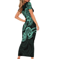 Hawaiian Manta Rays Short Sleeve Bodycon Dress Tribal Hibiscus Polynesian Tattoos Turquoise Color - Polynesian Pride