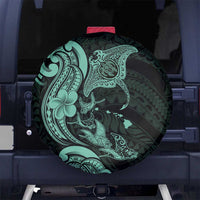 Hawaiian Manta Rays Spare Tire Cover Tribal Hibiscus Polynesian Tattoos Turquoise Color - Polynesian Pride