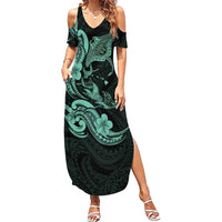 Hawaiian Manta Rays Summer Maxi Dress Tribal Hibiscus Polynesian Tattoos Turquoise Color LT03 Women Turquoise - Polynesian Pride