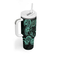 Hawaiian Manta Rays Tumbler With Handle Tribal Hibiscus Polynesian Tattoos Turquoise Color - Polynesian Pride