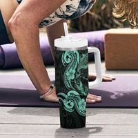 Hawaiian Manta Rays Tumbler With Handle Tribal Hibiscus Polynesian Tattoos Turquoise Color - Polynesian Pride