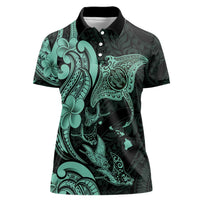 Hawaiian Manta Rays Women Polo Shirt Tribal Hibiscus Polynesian Tattoos Turquoise Color - Polynesian Pride