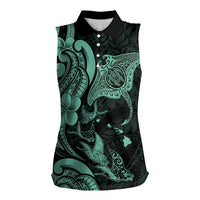 Hawaiian Manta Rays Women Sleeveless Polo Shirt Tribal Hibiscus Polynesian Tattoos Turquoise Color - Polynesian Pride