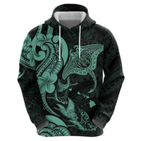 Hawaiian Manta Rays Zip Hoodie Tribal Hibiscus Polynesian Tattoos Turquoise Color - Polynesian Pride