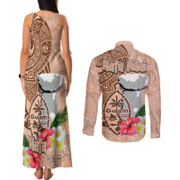 Guam Seal and Latte Stone With Ethnic Tapa Pattern Couples Matching Tank Maxi Dress and Long Sleeve Button Shirt Peach Fuzz Color LT03 - Polynesian Pride