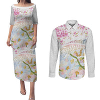 Hawaiian and Japanese Culture Together Couples Matching Puletasi and Long Sleeve Button Shirt Tribal Motifs with Lei and Japanese Sakura Pattern