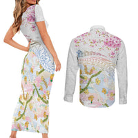 Hawaiian and Japanese Culture Together Couples Matching Short Sleeve Bodycon Dress and Long Sleeve Button Shirt Tribal Motifs with Lei and Japanese Sakura Pattern