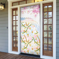 Hawaiian and Japanese Culture Together Door Cover Tribal Motifs with Lei and Japanese Sakura Pattern
