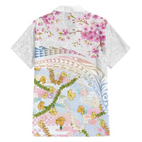 Hawaiian and Japanese Culture Together Family Matching Off Shoulder Maxi Dress and Hawaiian Shirt Tribal Motifs with Lei and Japanese Sakura Pattern