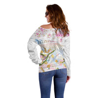 Hawaiian and Japanese Culture Together Off Shoulder Sweater Tribal Motifs with Lei and Japanese Sakura Pattern