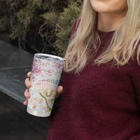 Hawaiian and Japanese Culture Together Tumbler Cup Tribal Motifs with Lei and Japanese Sakura Pattern