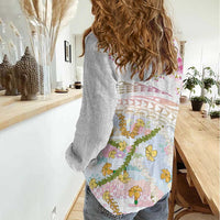 Hawaiian and Japanese Culture Together Women Casual Shirt Tribal Motifs with Lei and Japanese Sakura Pattern