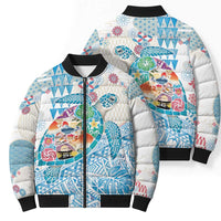 Hawaiian and Japanese Culture Together Bomber Puffer Jacket Tropical Honu with Japanese Elements Blue Color LT03 - Polynesian Pride