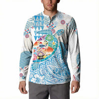 Hawaiian and Japanese Culture Together Button Sweatshirt Tropical Honu with Japanese Elements Blue Color LT03 - Polynesian Pride