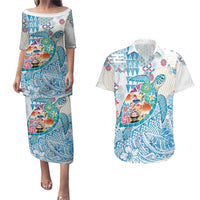 Hawaiian and Japanese Culture Together Couples Matching Puletasi and Hawaiian Shirt Tropical Honu with Japanese Elements Blue Color