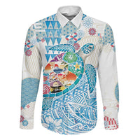 Hawaiian and Japanese Culture Together Family Matching Short Sleeve Bodycon Dress and Hawaiian Shirt Tropical Honu with Japanese Elements Blue Color