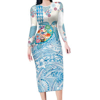 Hawaiian and Japanese Culture Together Long Sleeve Bodycon Dress Tropical Honu with Japanese Elements Blue Color