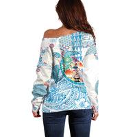 Hawaiian and Japanese Culture Together Off Shoulder Sweater Tropical Honu with Japanese Elements Blue Color LT03 - Polynesian Pride