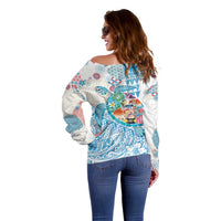 Hawaiian and Japanese Culture Together Off Shoulder Sweater Tropical Honu with Japanese Elements Blue Color LT03 - Polynesian Pride