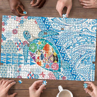 Hawaiian and Japanese Culture Together Puzzle Tropical Honu with Japanese Elements Blue Color LT03 - Polynesian Pride