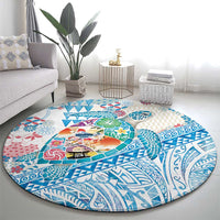 Hawaiian and Japanese Culture Together Round Carpet Tropical Honu with Japanese Elements Blue Color LT03 - Polynesian Pride