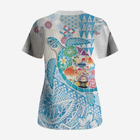 Hawaiian and Japanese Culture Together Scrub Top Tropical Honu with Japanese Elements Blue Color LT03 - Polynesian Pride